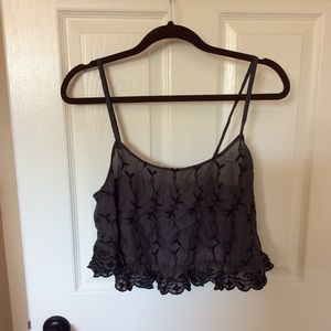Free People Embroidered ruffle hem crop top